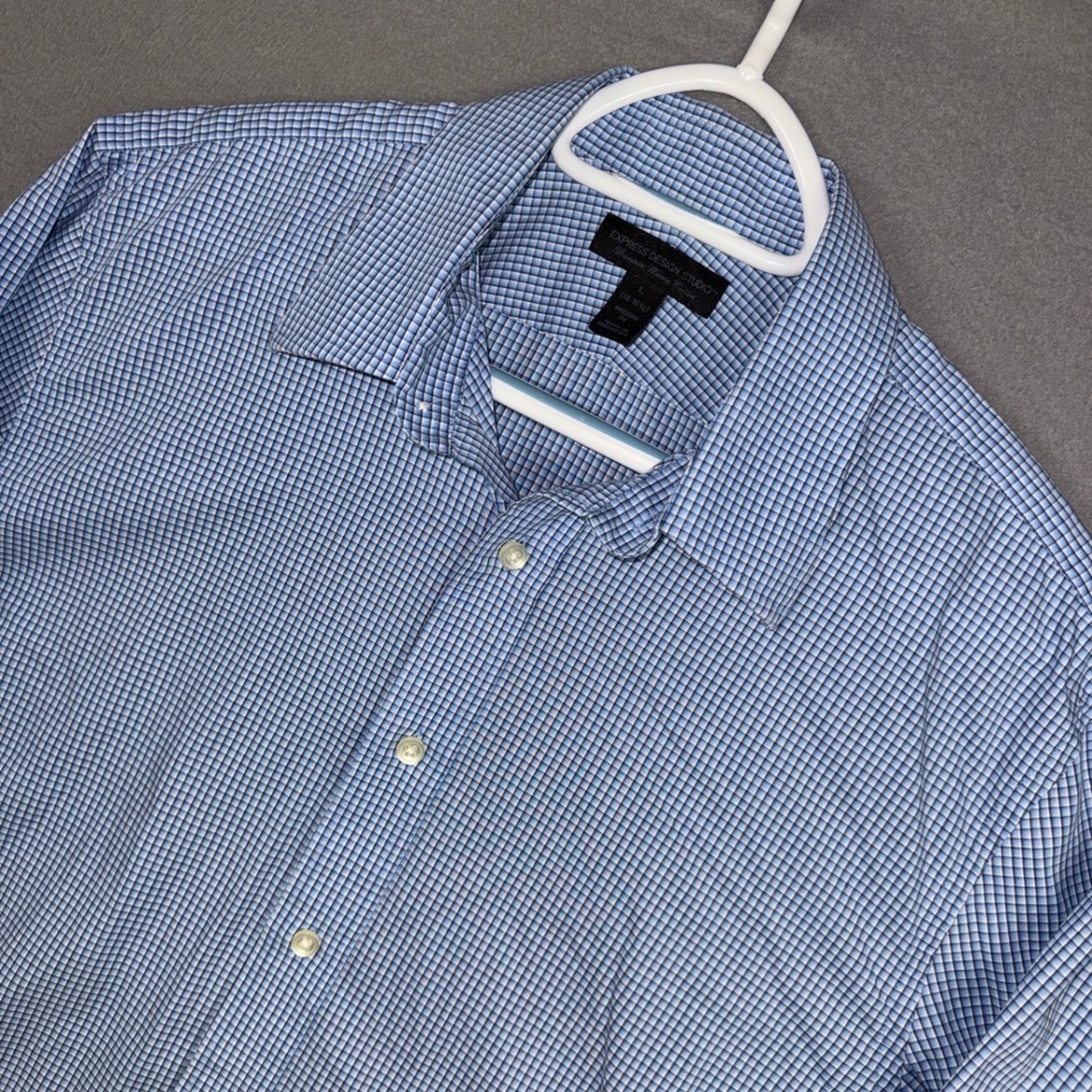 Express Shirt Mens Large Blue Micro Check Modern Fit Woven Cotton Button Down